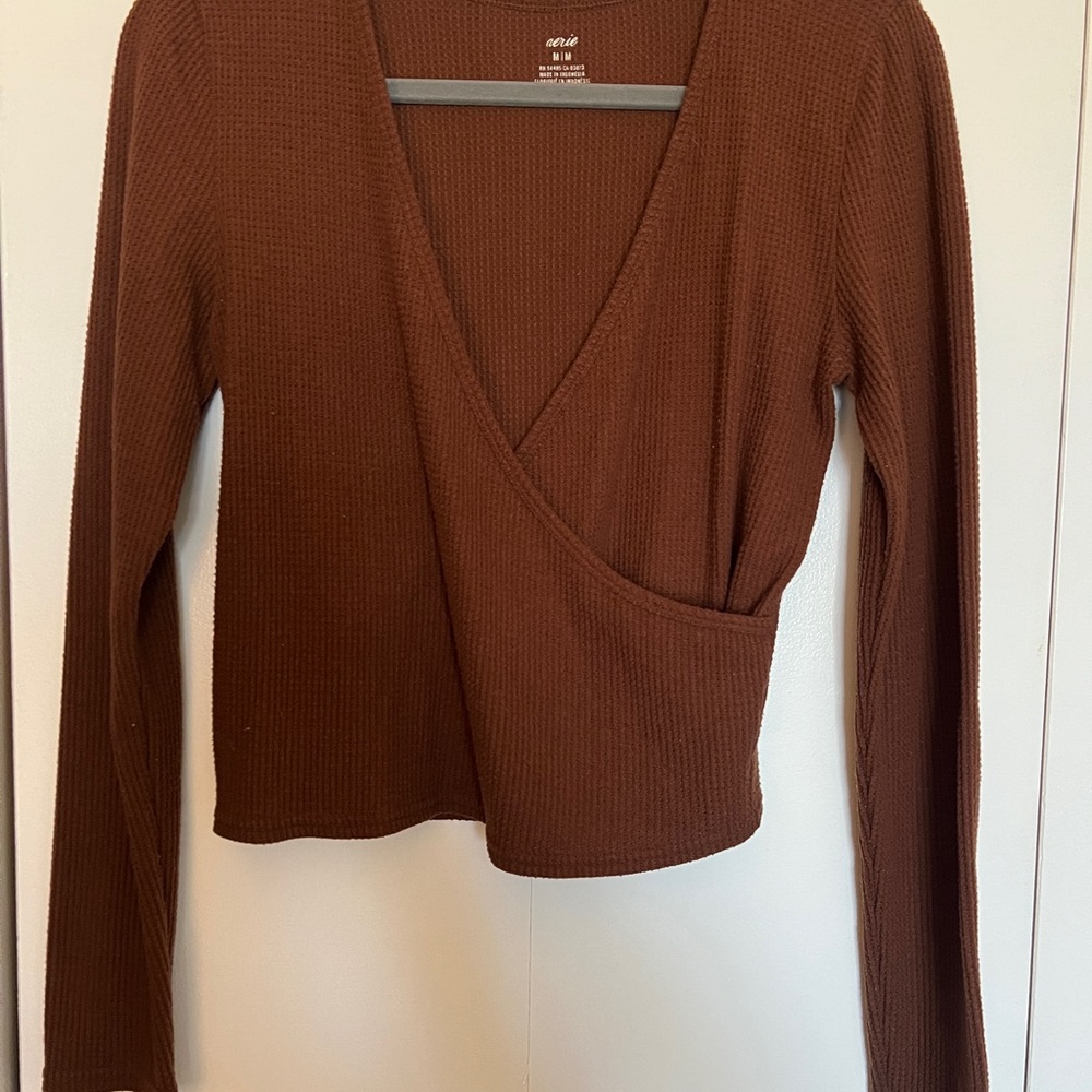 aerie Chocolate Brown Ribbed Wrap Crop Top